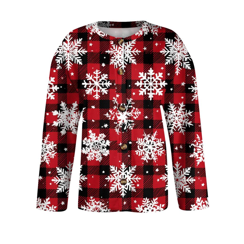 Women's Christmas Print Long Sleeve Knit Cardigan with Buttons for Holiday
