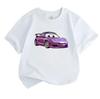 Cute Purple Cartoon Racing Car Print Kids T Shirt 100% Cotton Crew Neck Short Sleeve Tops for Boys Girls Casual Soft Breathable Summer Comfortable Dai