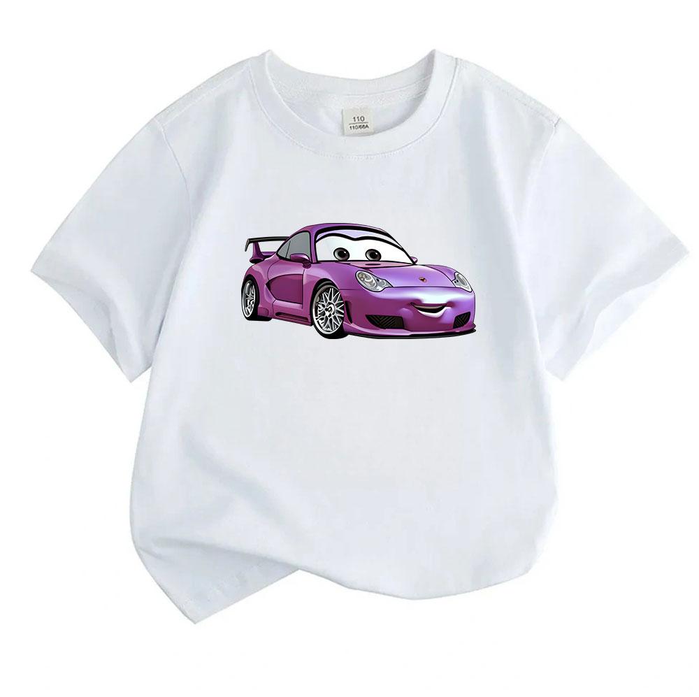 Cute Purple Cartoon Racing Car Print Kids T Shirt 100% Cotton Crew Neck Short Sleeve Tops for Boys Girls Casual Soft Breathable Summer Comfortable Dai