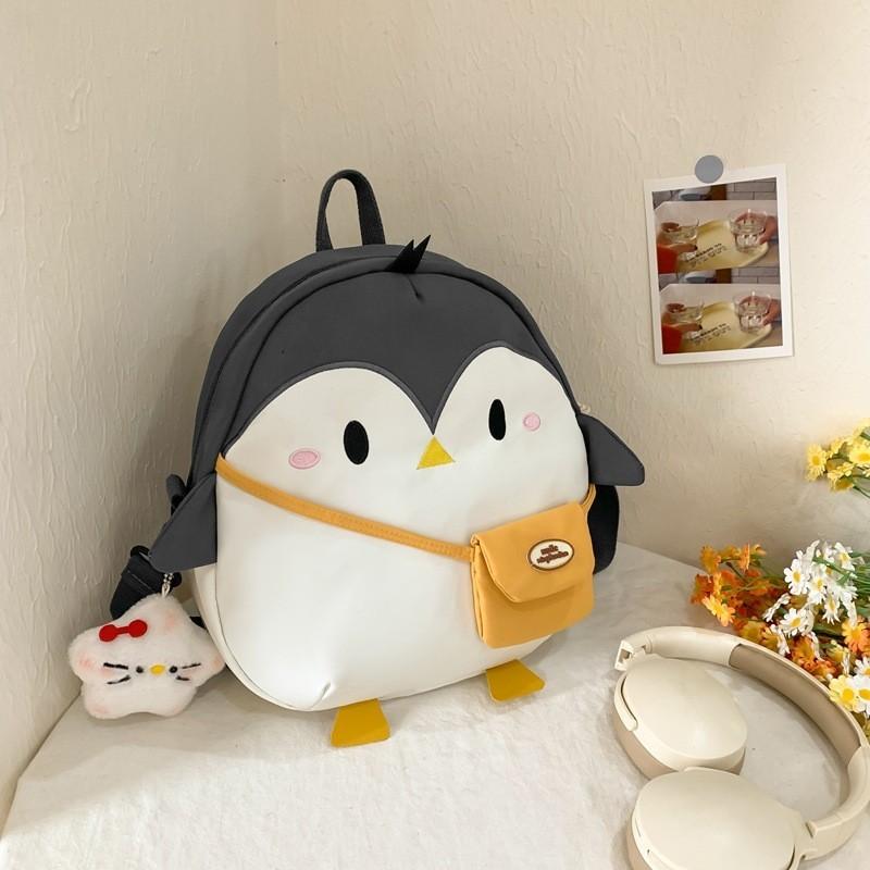 Adorable Korean Cute Penguin Canvas Backpack With Trendy Contrast Design Soft Polyester Material For Everyday Use темно-серого