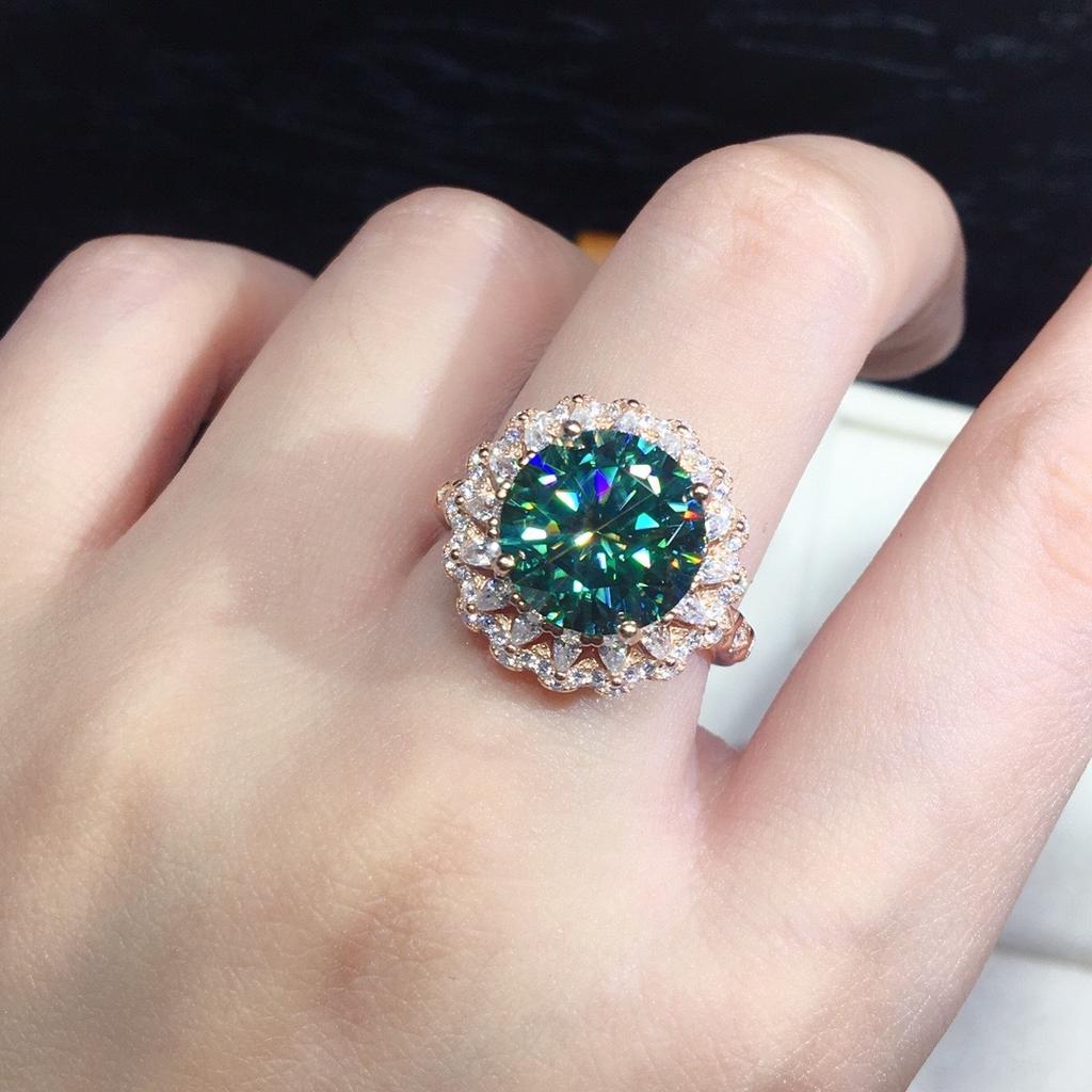 Set With Imitation Maldives Blue-Green Mozzarella Diamond Ring, Fire-Colored Sparkling Luxury Open Ring