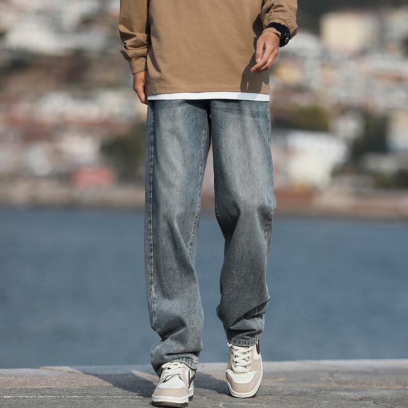 Homlean Men's American High Street Washed Loose Straight Leg Denim Jeans