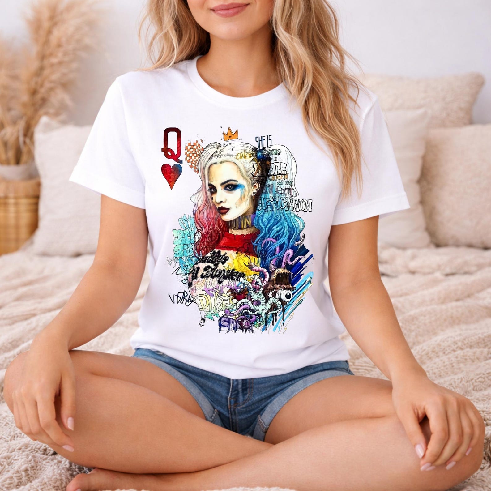 Harley Quinn Pop Art Portrait T-Shirt | Queen of Hearts Joker Vibes Tee | Comic Villain Graphic Shirt | DC Inspired Unisex Streetwear 4XL