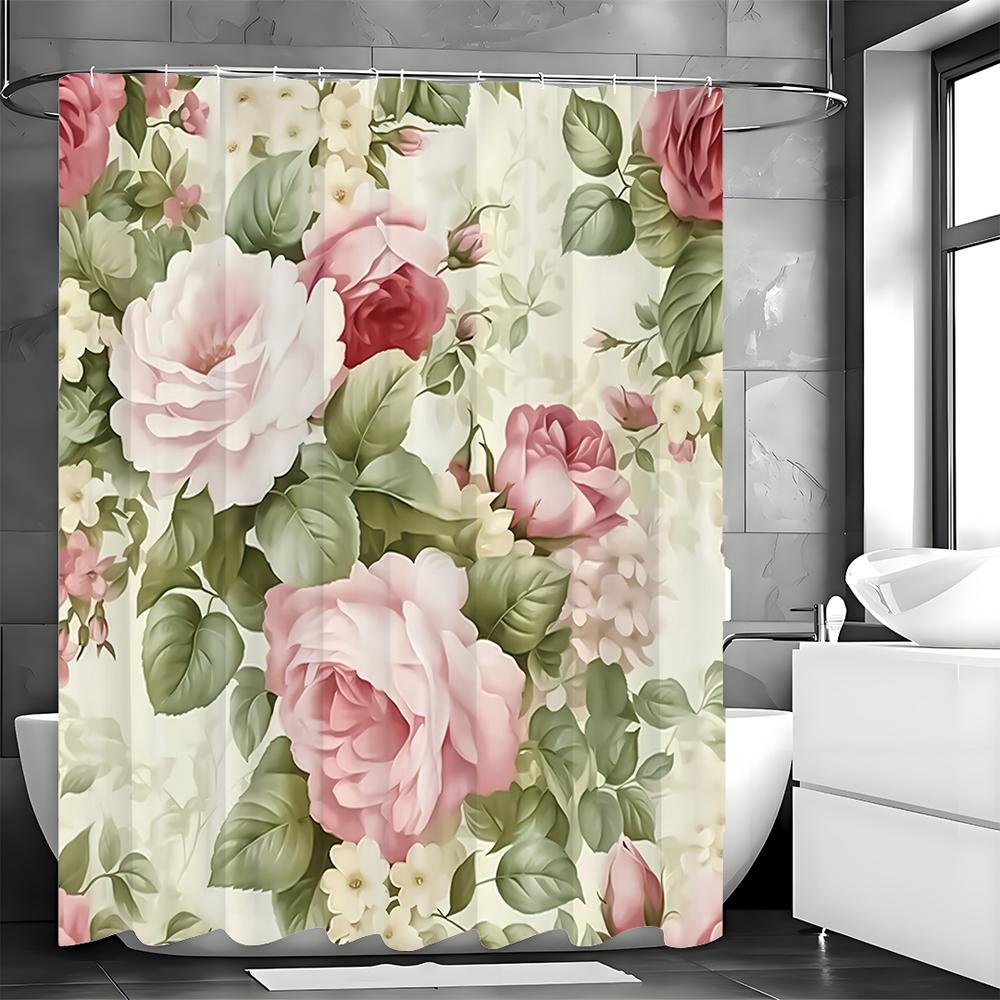 Pink Rose Floral Shower Curtain, Bathroom Decorative Shower Curtain, Waterproof Shower Curtain with Hooks