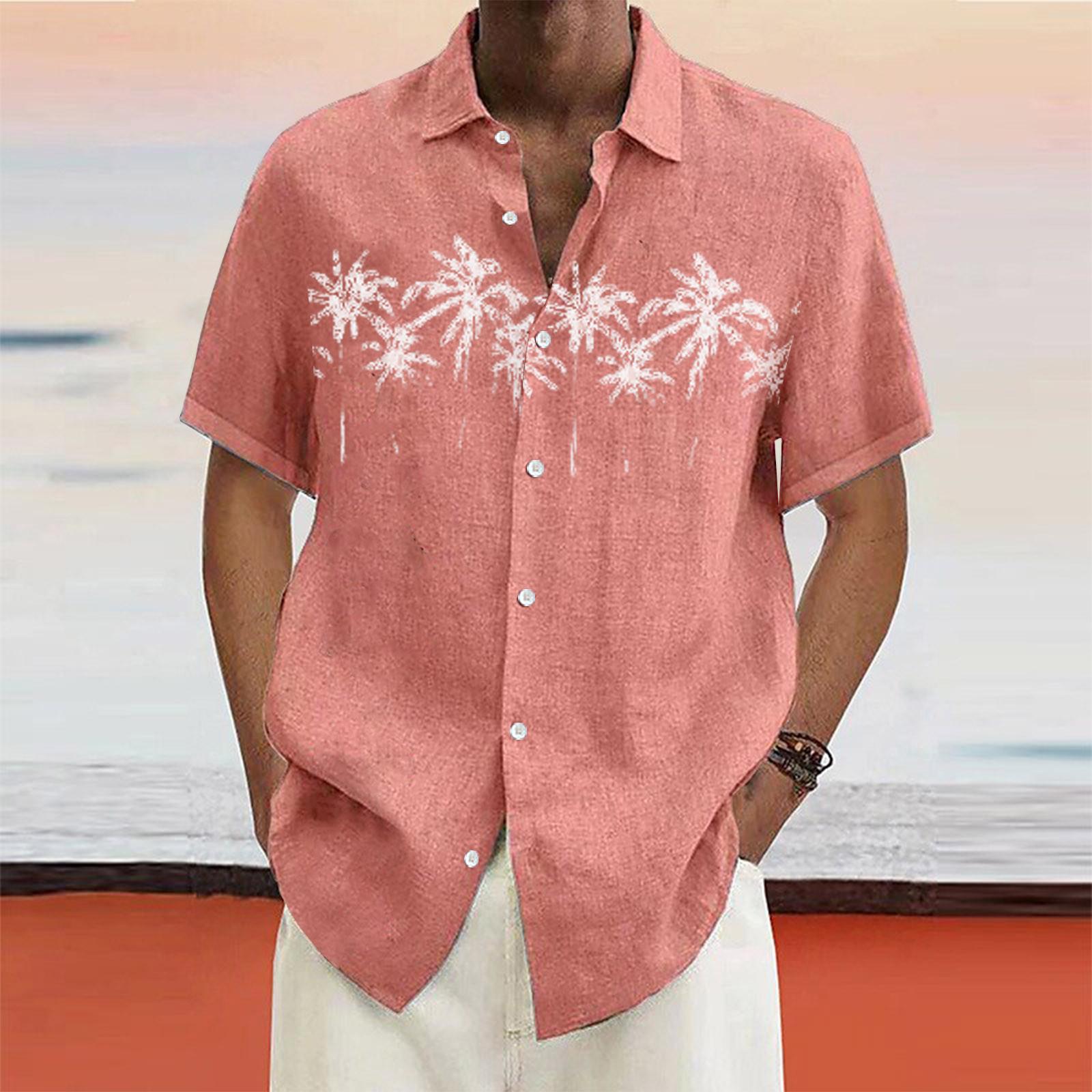 

Дизайнерские весенне-летние мужские повседневные хлопковые льняные рубашки с коротким рукавом, свободные рубашки M розовый