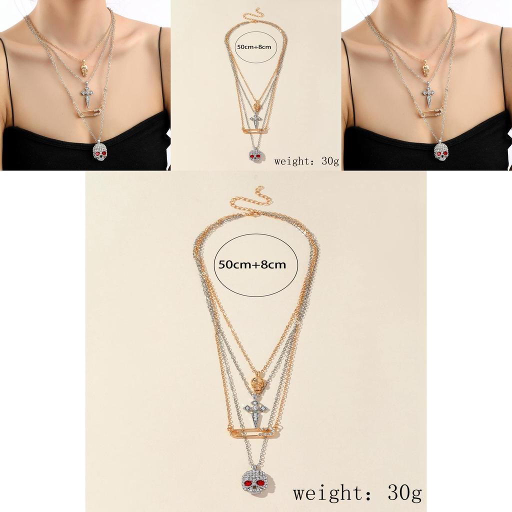 Halloween Skull Cross Pendant Necklace With Water Diamond And Water Wave Chain For Women