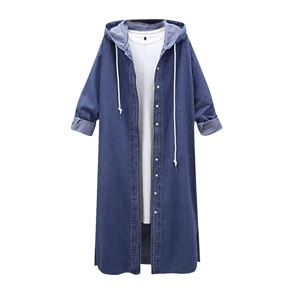 Veste en jean à capuche à manches longues pour femmes grande taille printemps automne coupe-vent long simple boutonnage