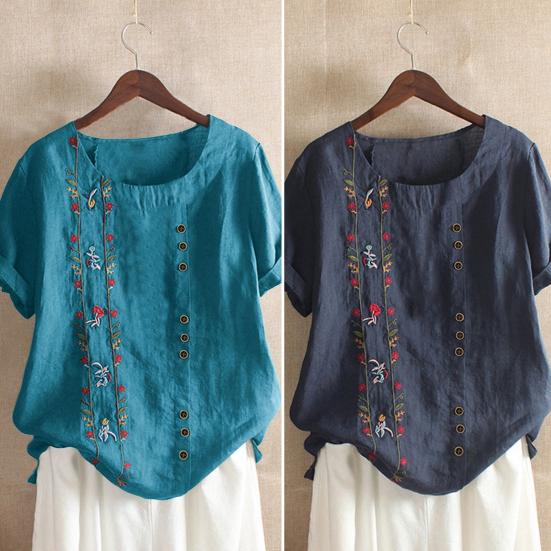 O-Neck Short Sleeve Loose Fit Women Shirt Embroidery Flower Print Buttons Decor Shirt Top Streetwear