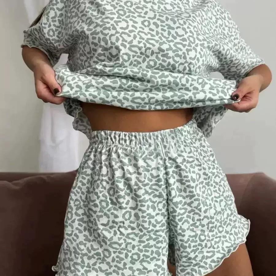 Women's Leopard Print Pajama Set - Short Sleeve and Shorts