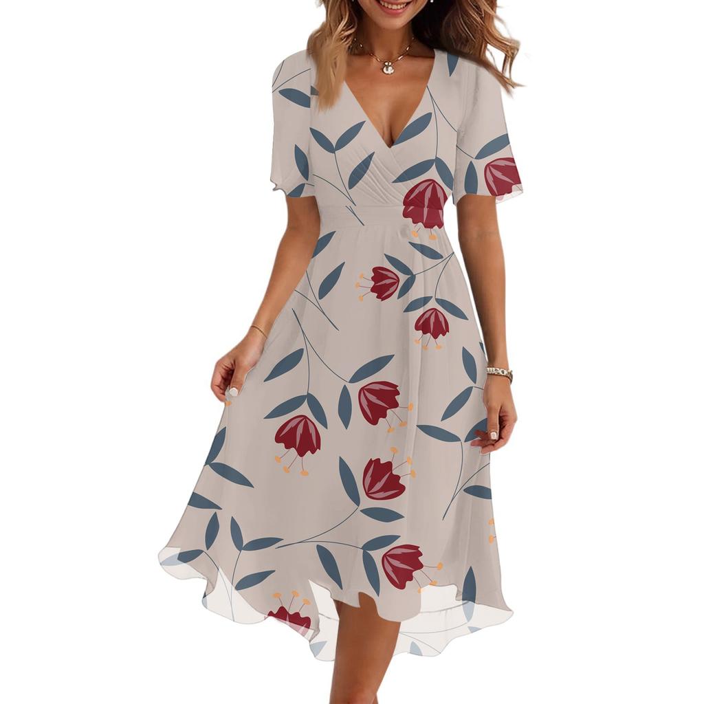 Women's Fashion Casual V-Neck Short Sleeve Floral Print Dress
