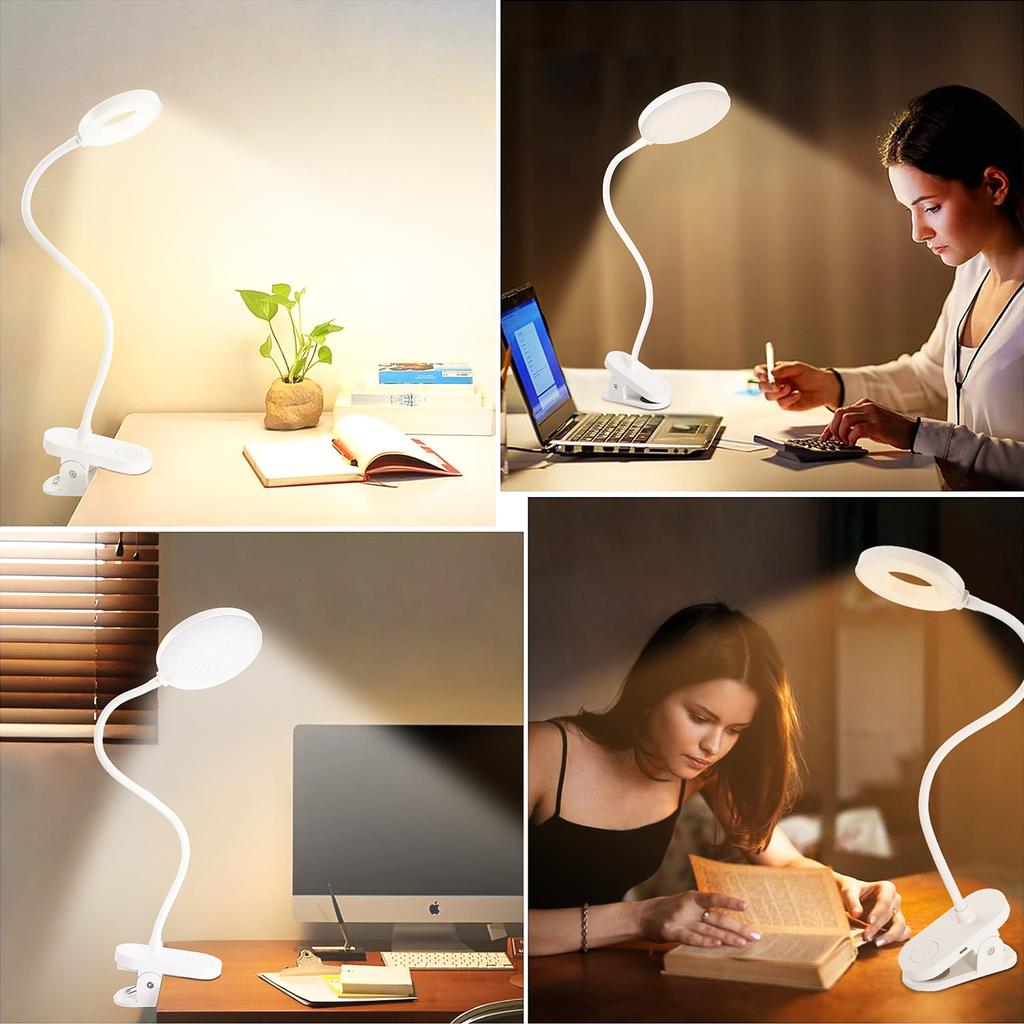 USB charging clip desk lamp bedside reading lamp with 3 color modes and adjustable brightness - White