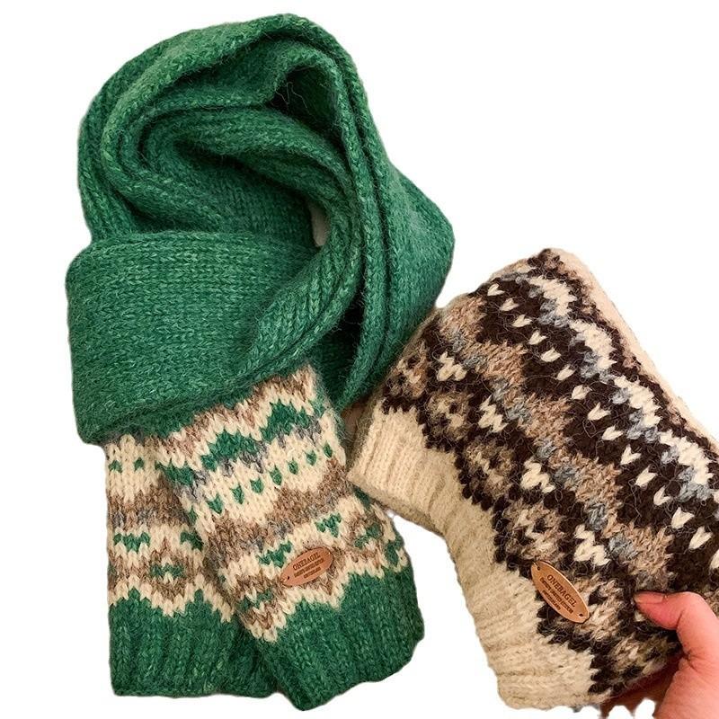 Fair Island green knitted wool scarf women's winter Christmas atmosphere thickened versatile warm and cold scarf