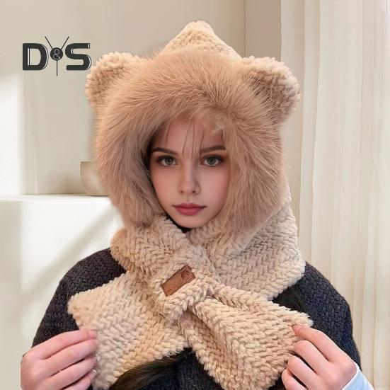 Women Winter Integrated Hat And Scarf Thick Fleece Warm Cartoon Fox Ear Decor Windproof Full Protection Outdoor Travel Cold Weather Snowboarding