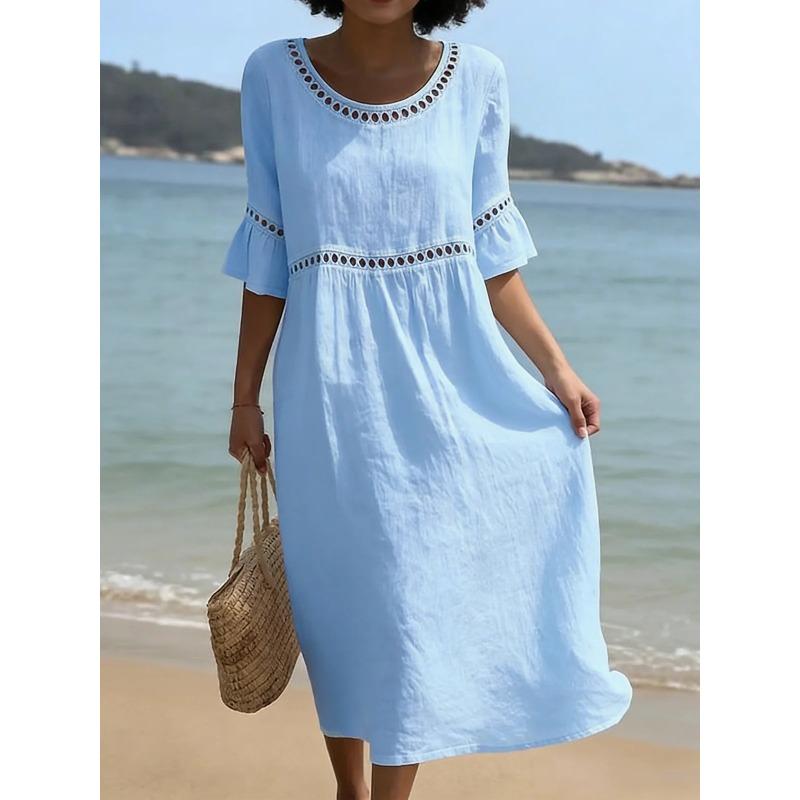 Spring/Summer New Style Elegant Casual Round-neck Long-sleeved Solid Color Women's Dress