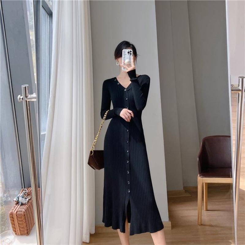 Women's French Style Long Knit Sweater Dress, Slim Fit, Single-Breasted, for Autumn and Winter