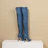 Zimní dámské džínové kozačky nad koleno černé džínové vysoký tenký podpatek špičatá špička sexy párty šaty dámské zadní zip kozačky nad stehno