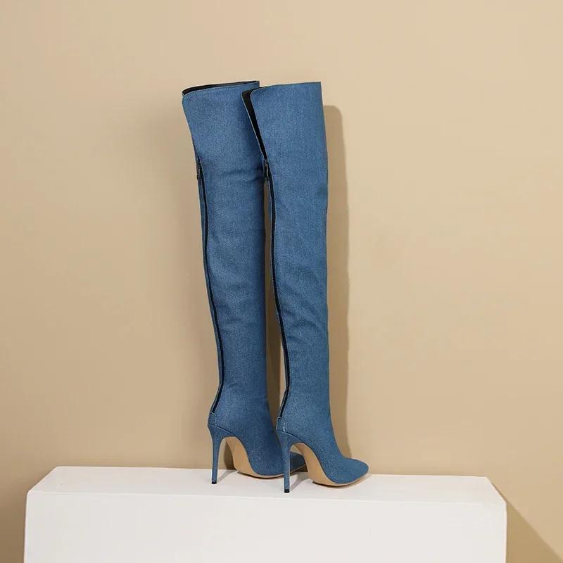 Winter Women Denim Over the Knee Boots Black Jeans High Thin Heel Pointed Toe Sexy Party Dress Lady Back Zipper Thigh High Boots