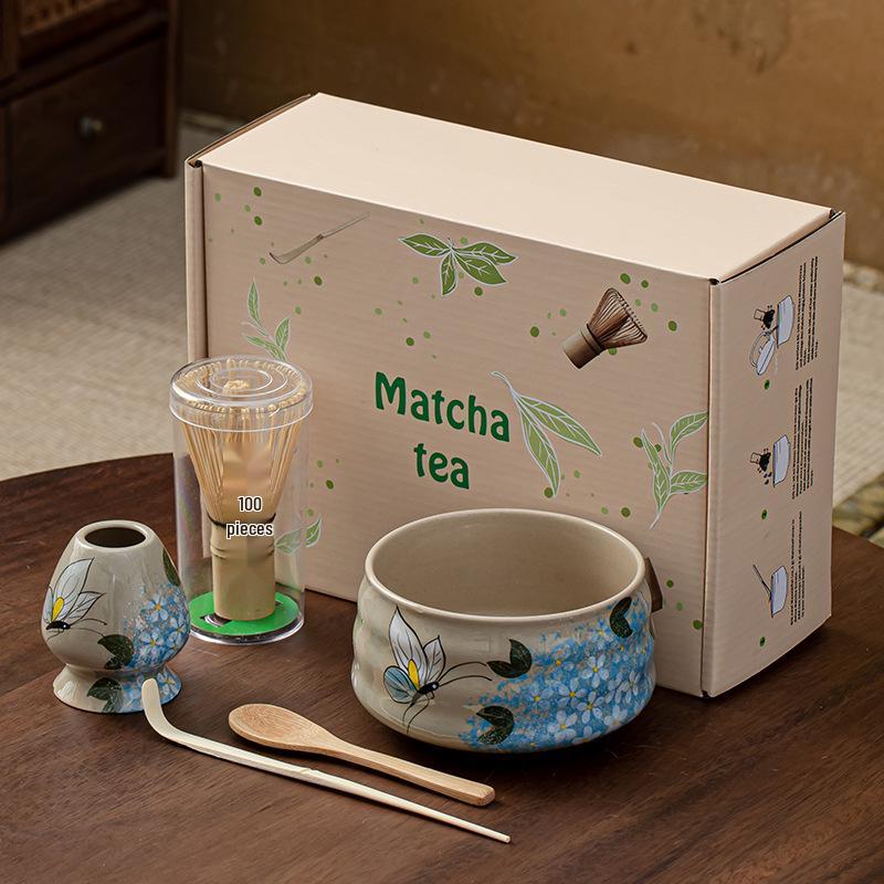 Hand-Painted Matcha Tea Ceremony Set: Whisk, Stirrer, Hyakuhon-date Chasen, and Souvenir Brush