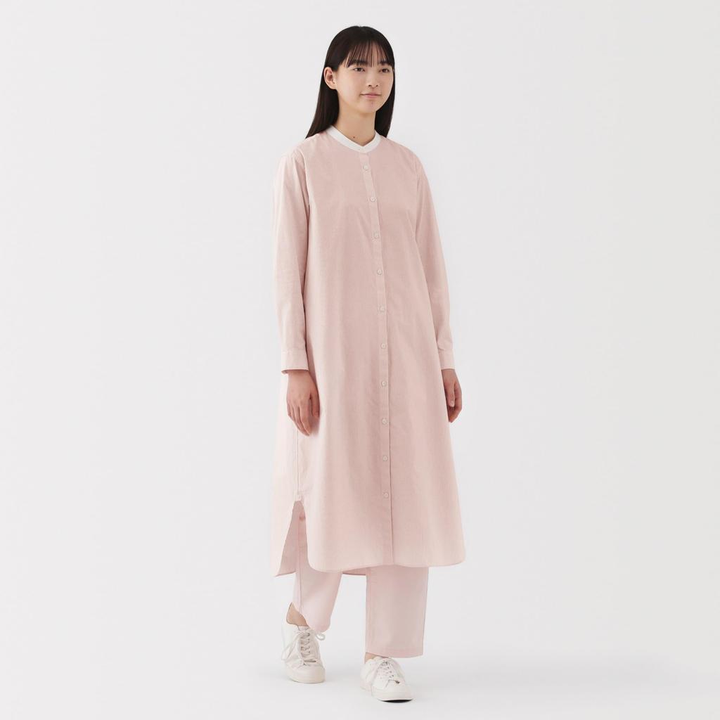MUJI Women's Washed Broad Stand Collar Long Sleeve Dress, Light Pink Stripes, Size Small, BC2LUA5S