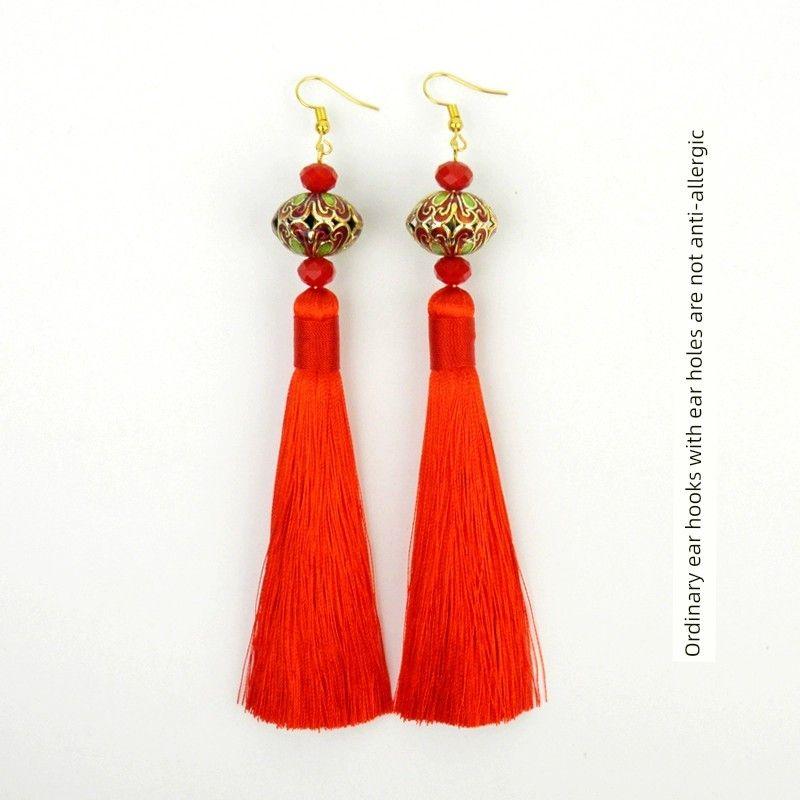

Chinese Style Eardrops Long Green Section Yunnan Female Cloisonne Red