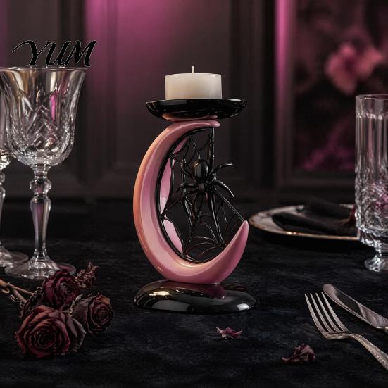 Modern Gothic Home Furnishing Halloween Pink Moon Spider Candle Holder, Sweet Dark Aesthetic Tray for Desktop Atmosphere Prop Pillar Candles,