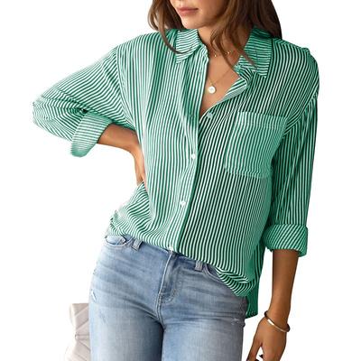 Womens Button Down Shirts Long Sleeve Casual Collared Shirt Loose Blouses Stripe Tops with Pocket Autumn Shirts