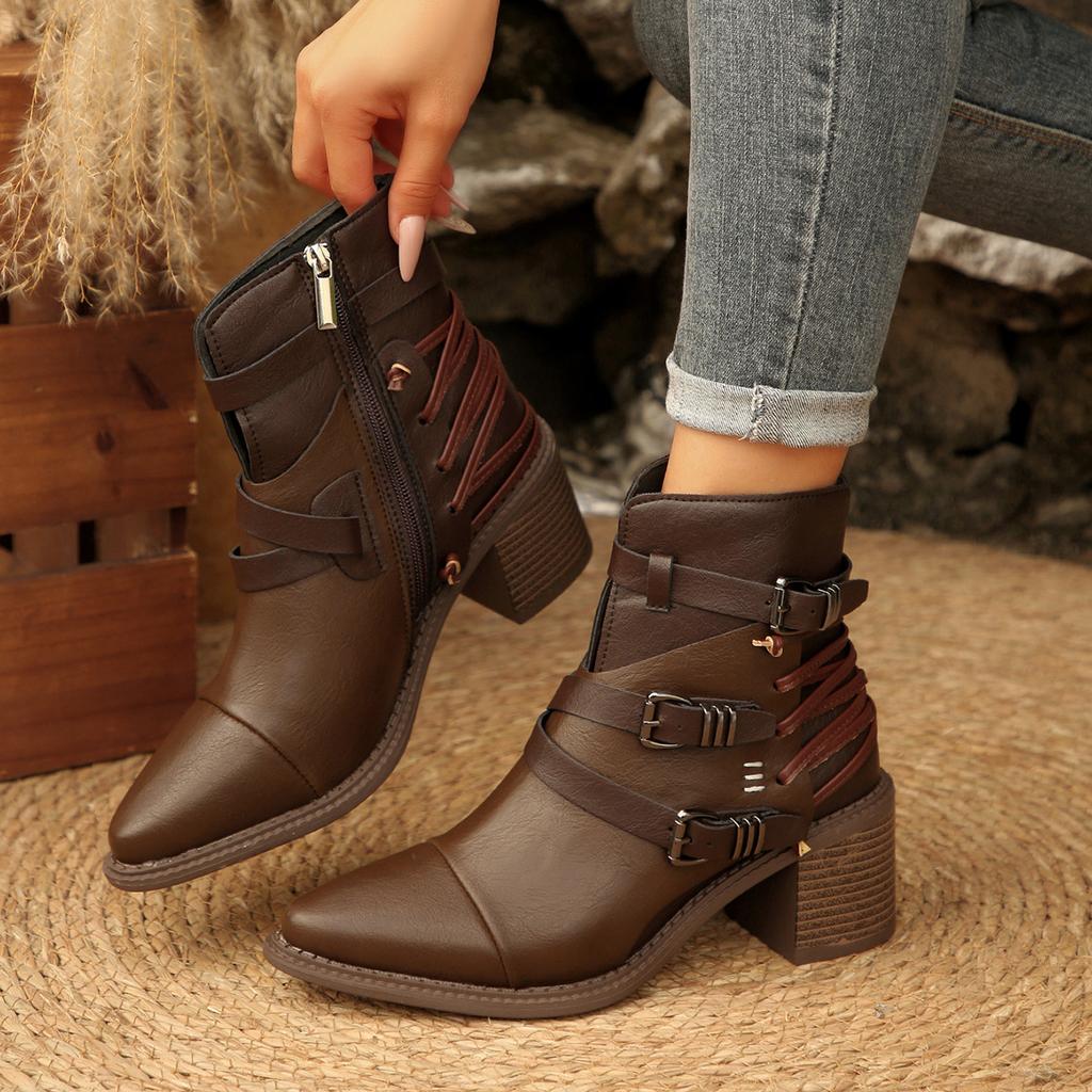Fashion Women Ankle Boots Low Heel  Pointed Toe Dress Boots Outdoor Designer Mid Calf Boots Women Retro Luxury Comfortable Women Shoes