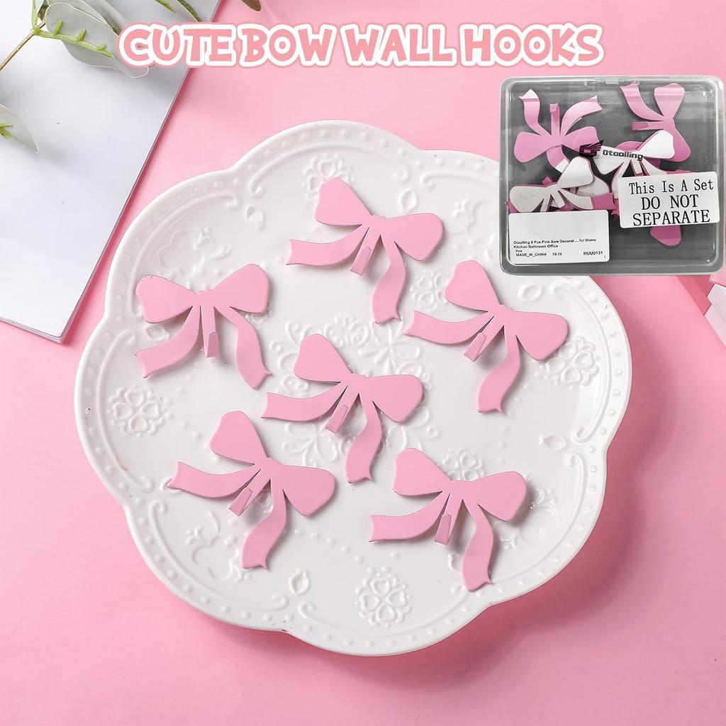 6 Pcs Pink Bow Decorative Wall Hooks Metal Strong Adhesive Wall Door Hanger Coquette Room Decor Cute Towel Coat Hooks Preppy Hanging Decor for Home