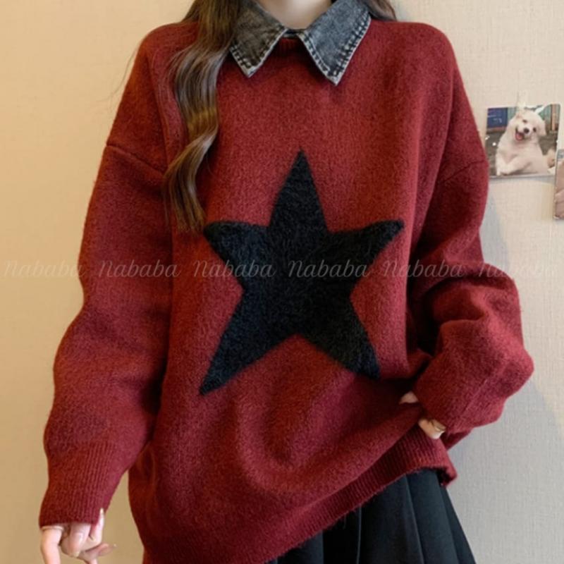 Navava Nk2434 Star Loose Fit Long Sleeve Knit Sweater