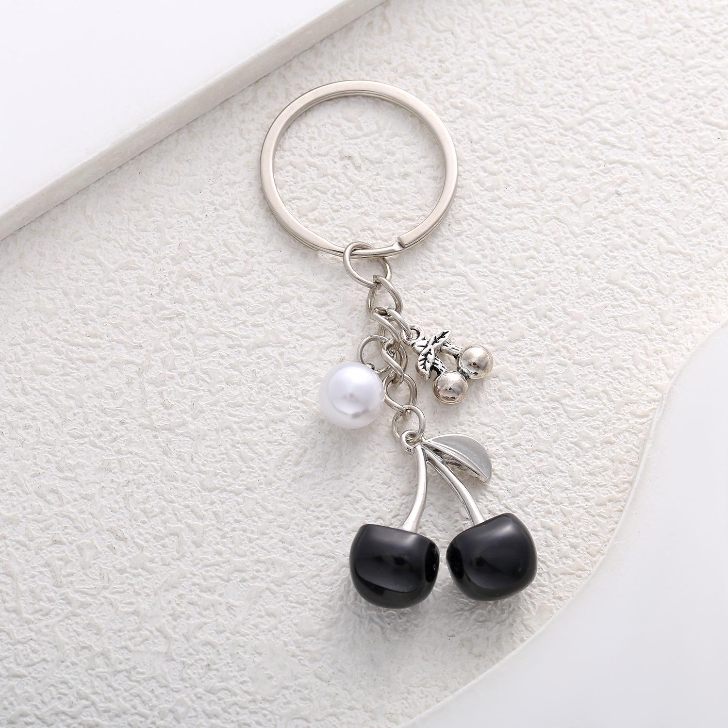 White Black Sweet Cool Cherry Pearl Pendant Keychain for Women - Versatile Student Backpack Ornament Cherry Pendant Keychain