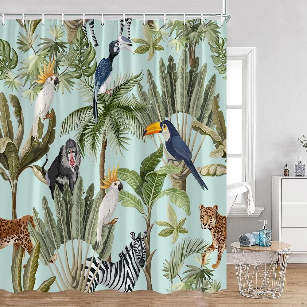 Tropisches Tier Duschvorhang Leopard Wildtier Flamingo Papagei Zebra Grüne Pflanze Palmenblatt Badezimmer Vorhang Dekoration