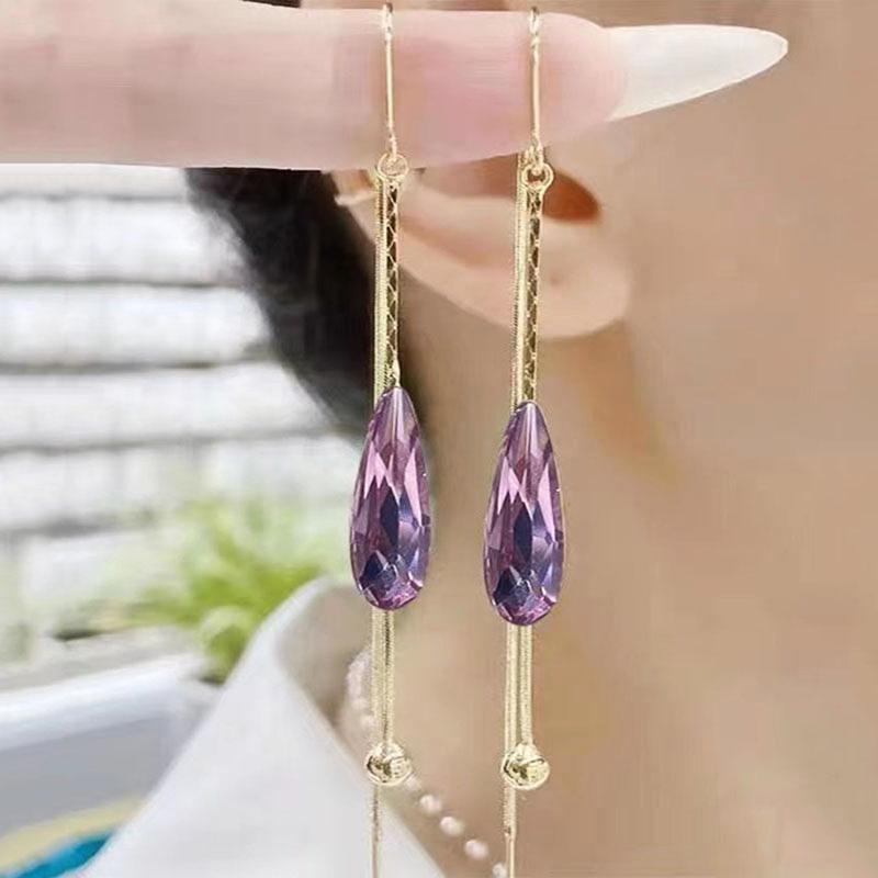 Korea Luxury Long Green Drop Crystal Earstring Fashion Temperament Simple Tassel Earrings Vintage Women Pendant Earring Party