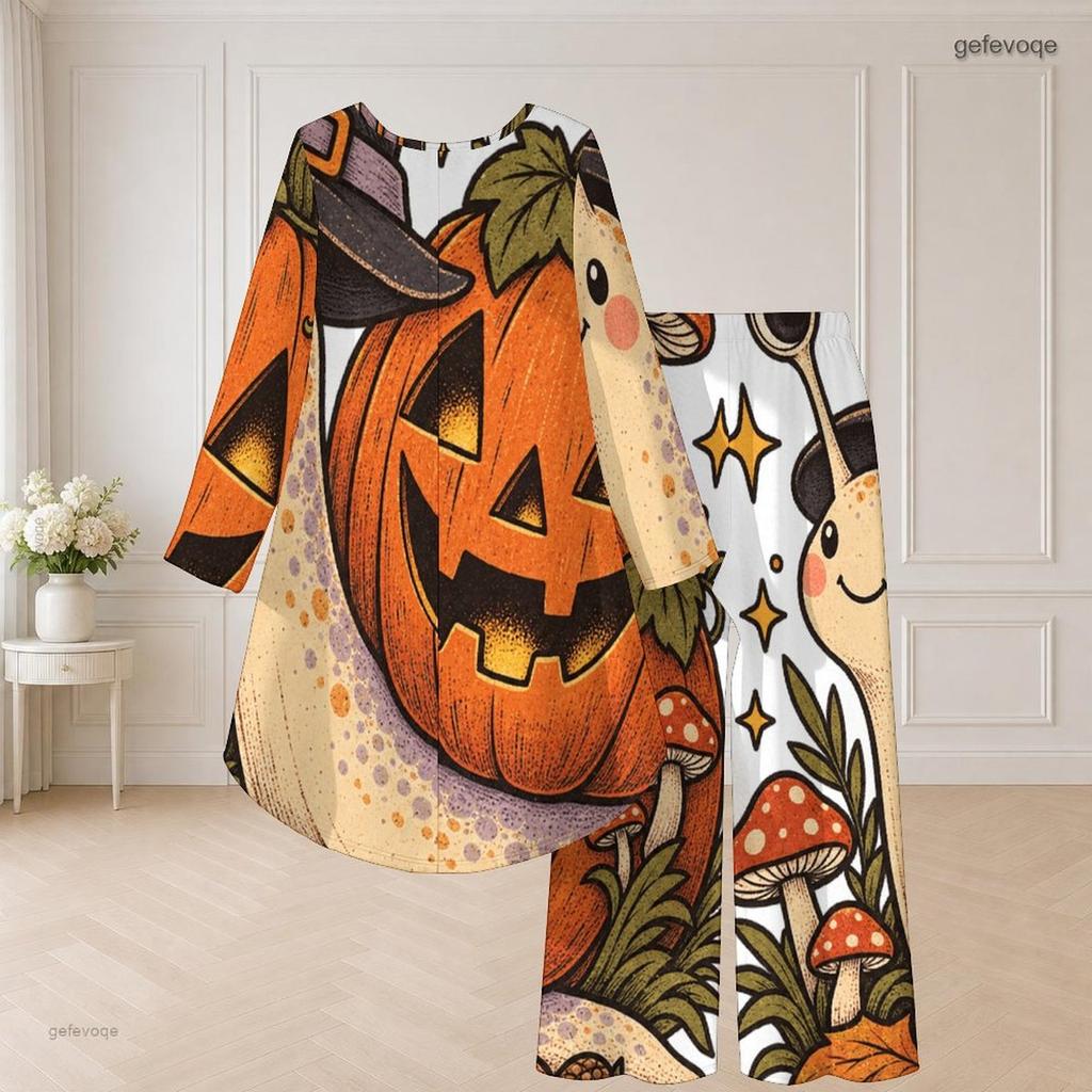 Women Plus Size Round Neck Long Sleeve Cartoon Bear Printed High Low Top Wide Leg Pants Two Piece Set