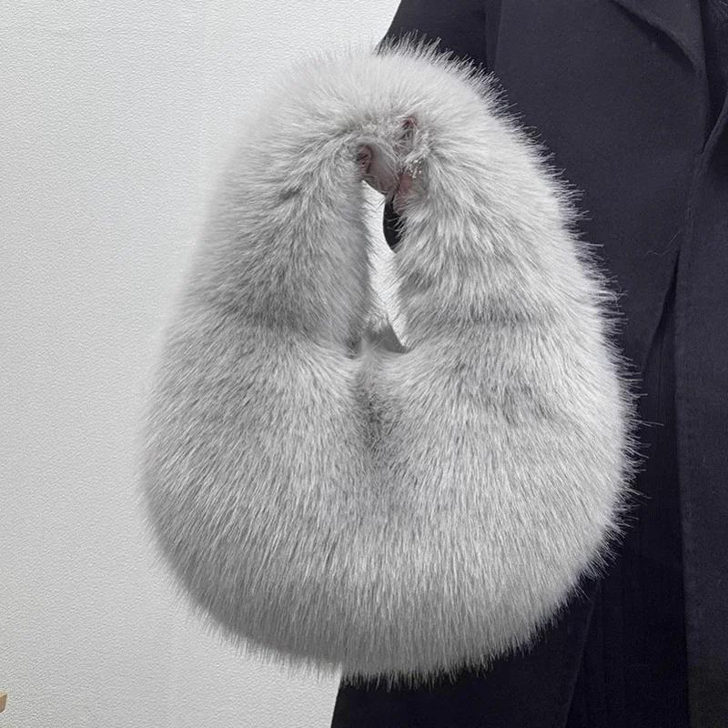 Winter Casual Flauschige Umhängetaschen für Damen Unifarbene Weiche Plüsch Damen Clutch Handtaschen Leichte Damen Hobo-Tasche sac