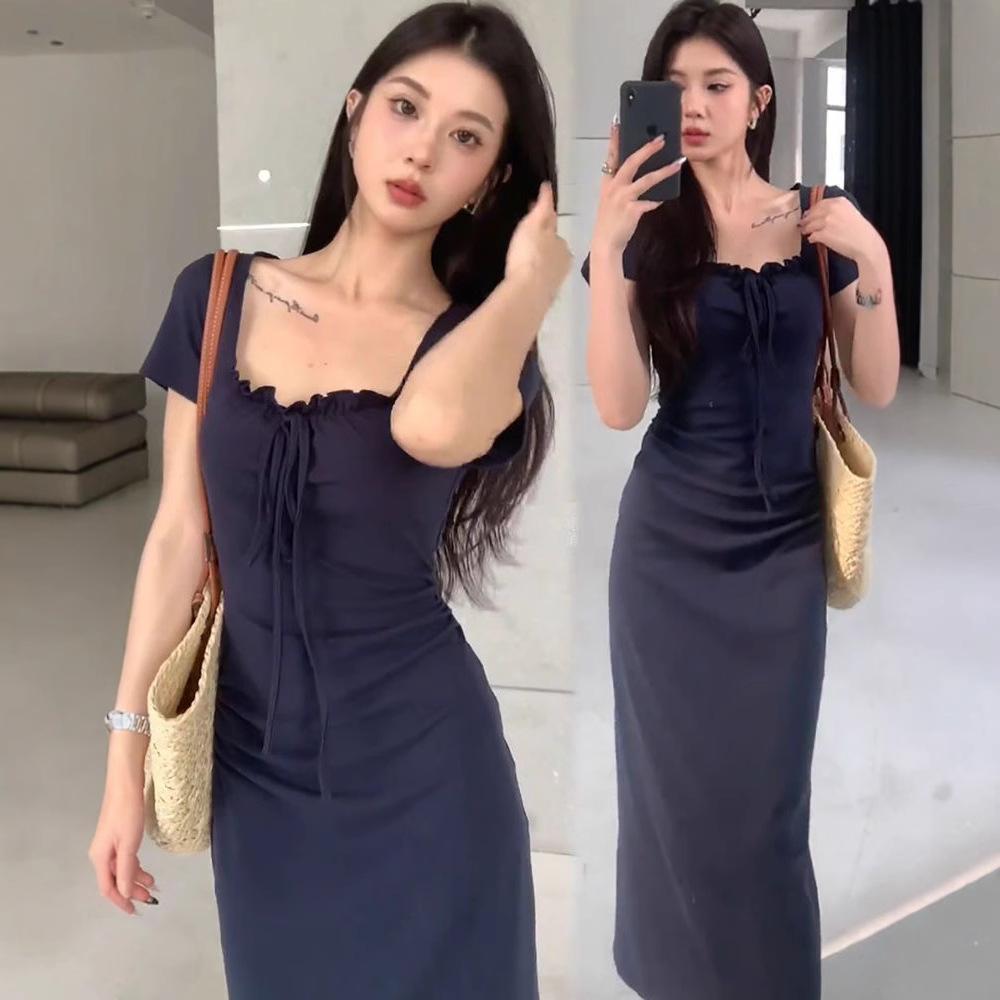 Summer new French square neck pleated bow dress women's summer royal sister spice girl hip-wrapped fishtail dress