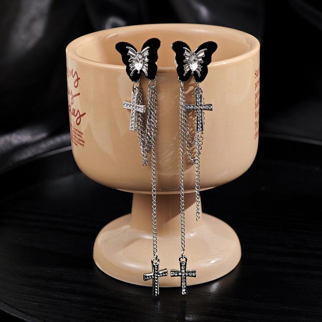 Luxury Silver Needle Black Butterfly Cross Tassel Geometric Earrings for Women