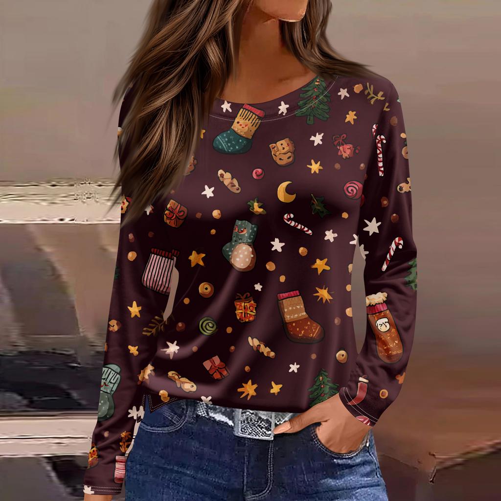 Women's Fashion Hem Slit Casual Christmas Printed Round Neck Long Sleeve Top