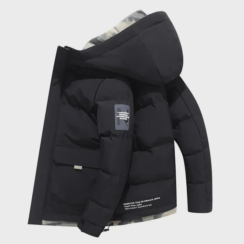 2024 Men s Winter Hooded Velvet Cotton Jacket - Thick, Warm, and Fashionable. M чёрный