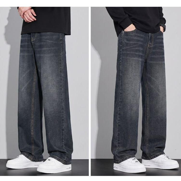 Autumn New Four-season European and American Large Size Blue-gray Loose Straight Jeans Men's Very Light Pants