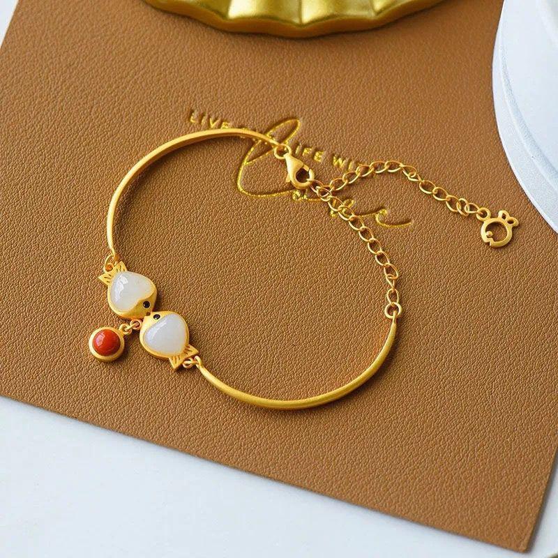 Hetian Jade Double Fish Tassel Bracelet - Retro Style with Round Beads.
