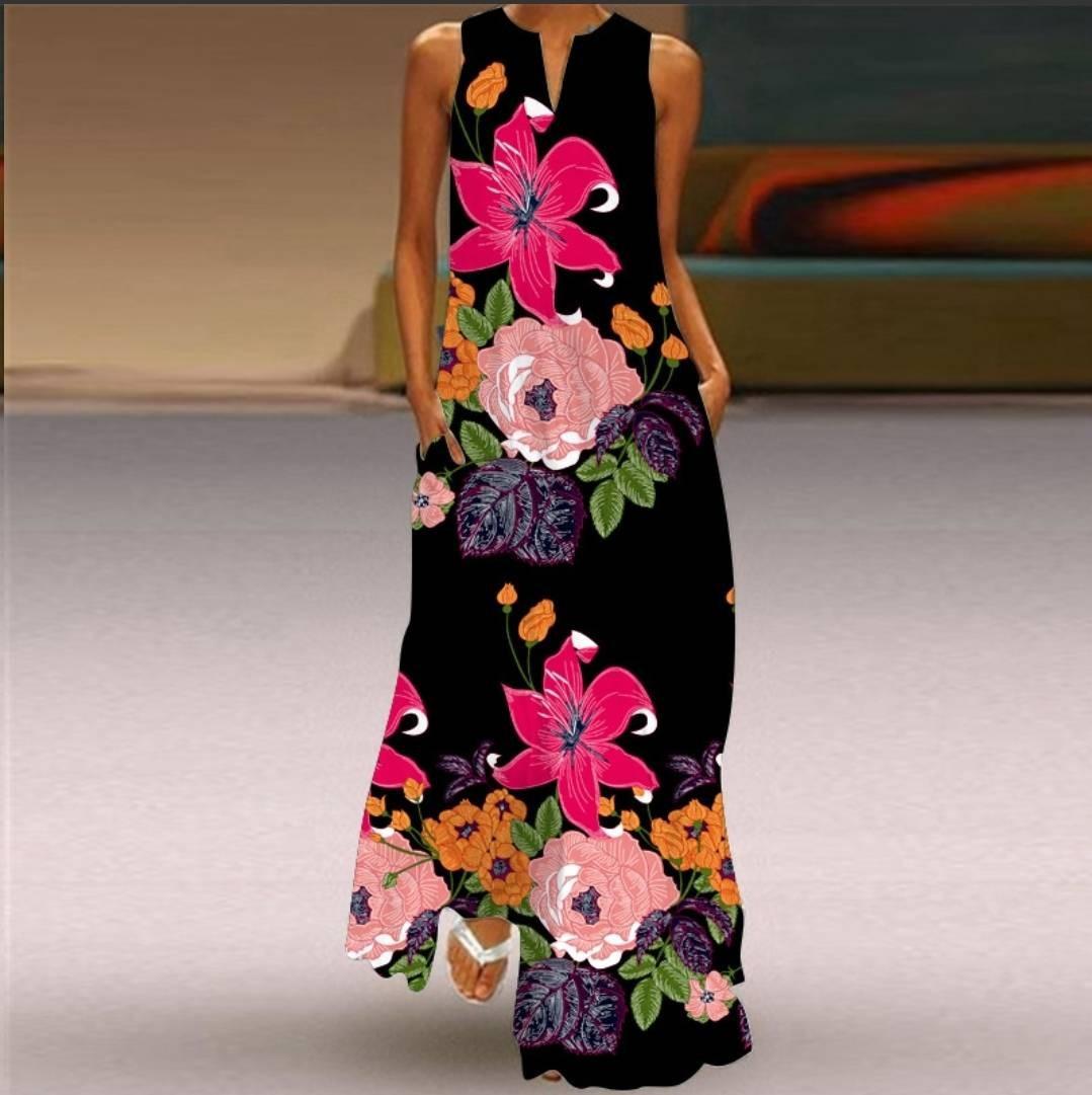 

Женские винтажные платья с принтом, летнее длинное платье без рукавов с v-образным вырезом в стиле бохо, женские повседневные элегантные платья макси для пляжной вечеринки, Vestidos XXL