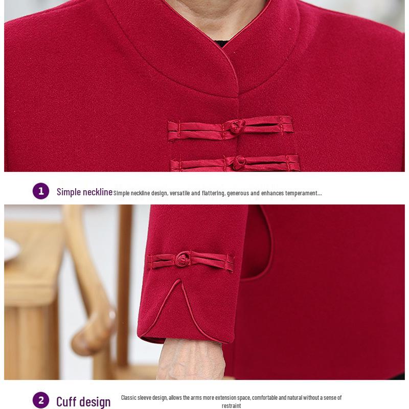 Vintage Women's Spring Woolen Coat - Retro Tang Suit for Middle-Aged and Elderly Ladies