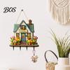 Durable Key Hook Wooden Fairy House Hanging Sign, Cottage Holder Wall Decor with 4 Entryway Storage Hooks, Vintage Flower Rack for Hallway Kitchen