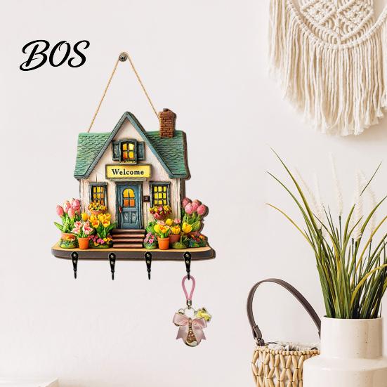 Durable Key Hook Wooden Fairy House Hanging Sign, Cottage Holder Wall Decor with 4 Entryway Storage Hooks, Vintage Flower Rack for Hallway Kitchen