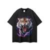 Mens Oversized Retro Tiger Print Long Sleeve Tee Cotton Heavyweight Washed Streetwear Hip Hop T-Shirt