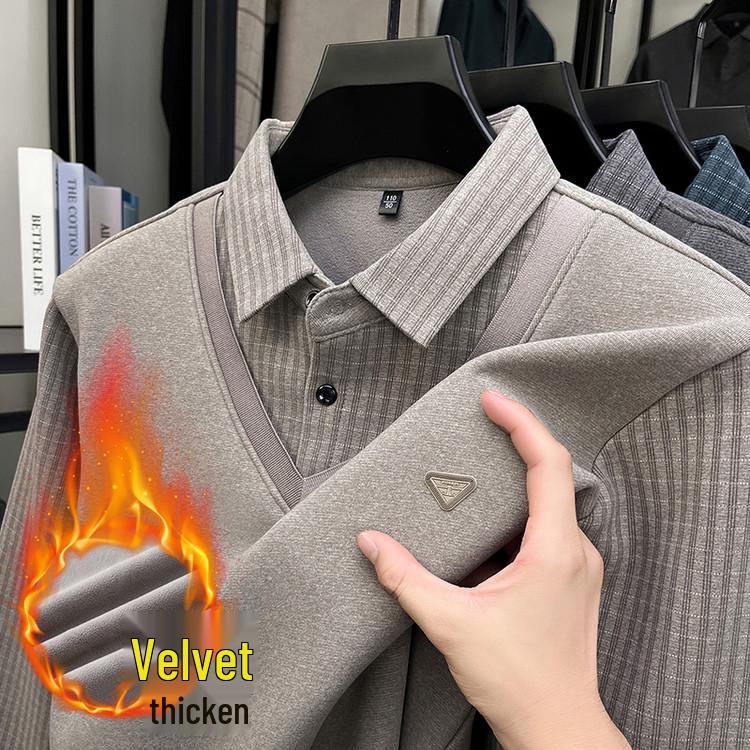 2025 Winter Men's Faux Two-Piece Sweater: New Thick Knit with Shirt Collar and Warm Velvet Layer