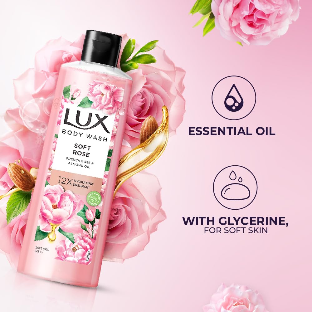 Lux Soft Rose Bodywash With French Rose And Almond Oil 245 Ml Pack Of 1 Paraben Free Gentle Liquid Body Wash For Soft Glowing Skin