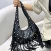Punk Style Rivet Shoulder Bags For Women Brand Designer Large Capacity Ladies Handbags Lg Tassel Female Hobos Underarm Bag