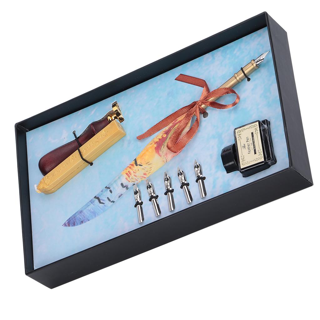 Feather Pen Dip Art Calligraphy Retro Vintage Quill Gift Box Kit with Lacquer Stamp Tool