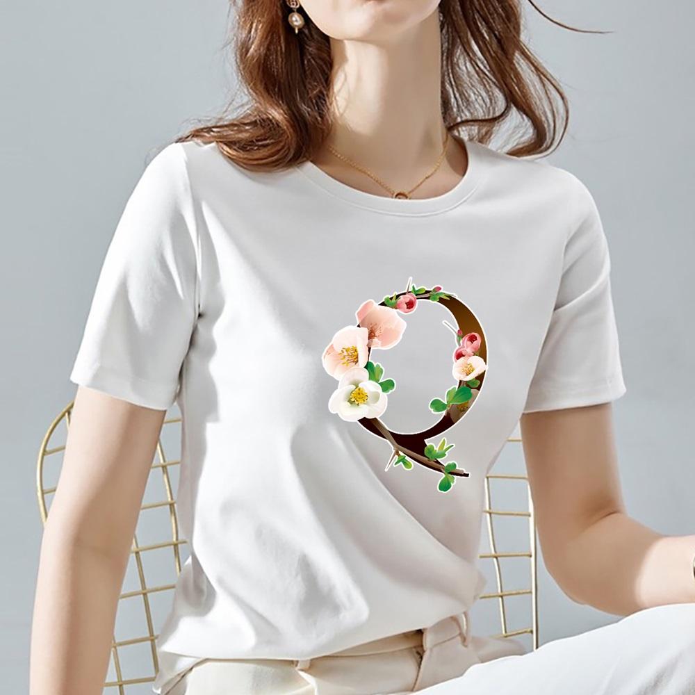 O Neck White Top Women 2022 Summer Casual T Shirt Basic Flower Color Letter Name Pattern Print Short Sleeve Tops Ladies Clothes
